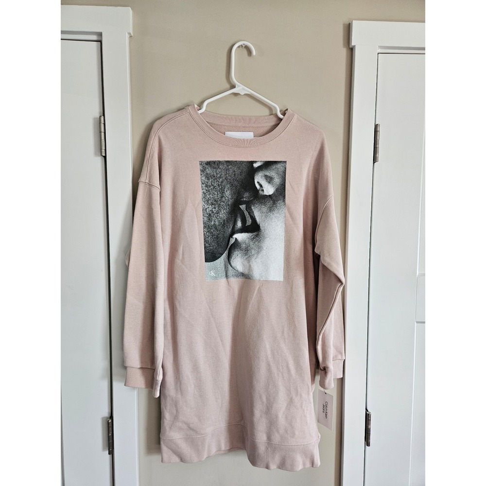Calvin klein xs extra small oversized long sleeve sweater dress pockets tan kiss
